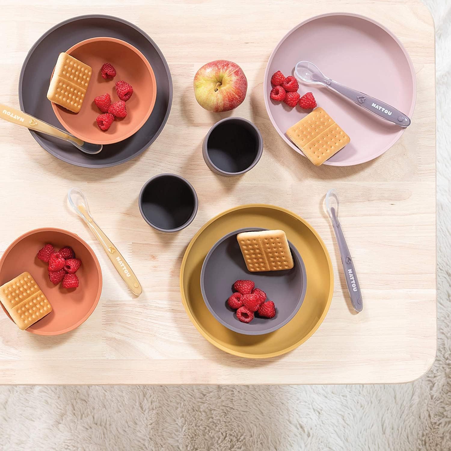 Nattou Silicone Children’s Tableware Set 4-Piece with Non-Slip Suction Plate & Bowl