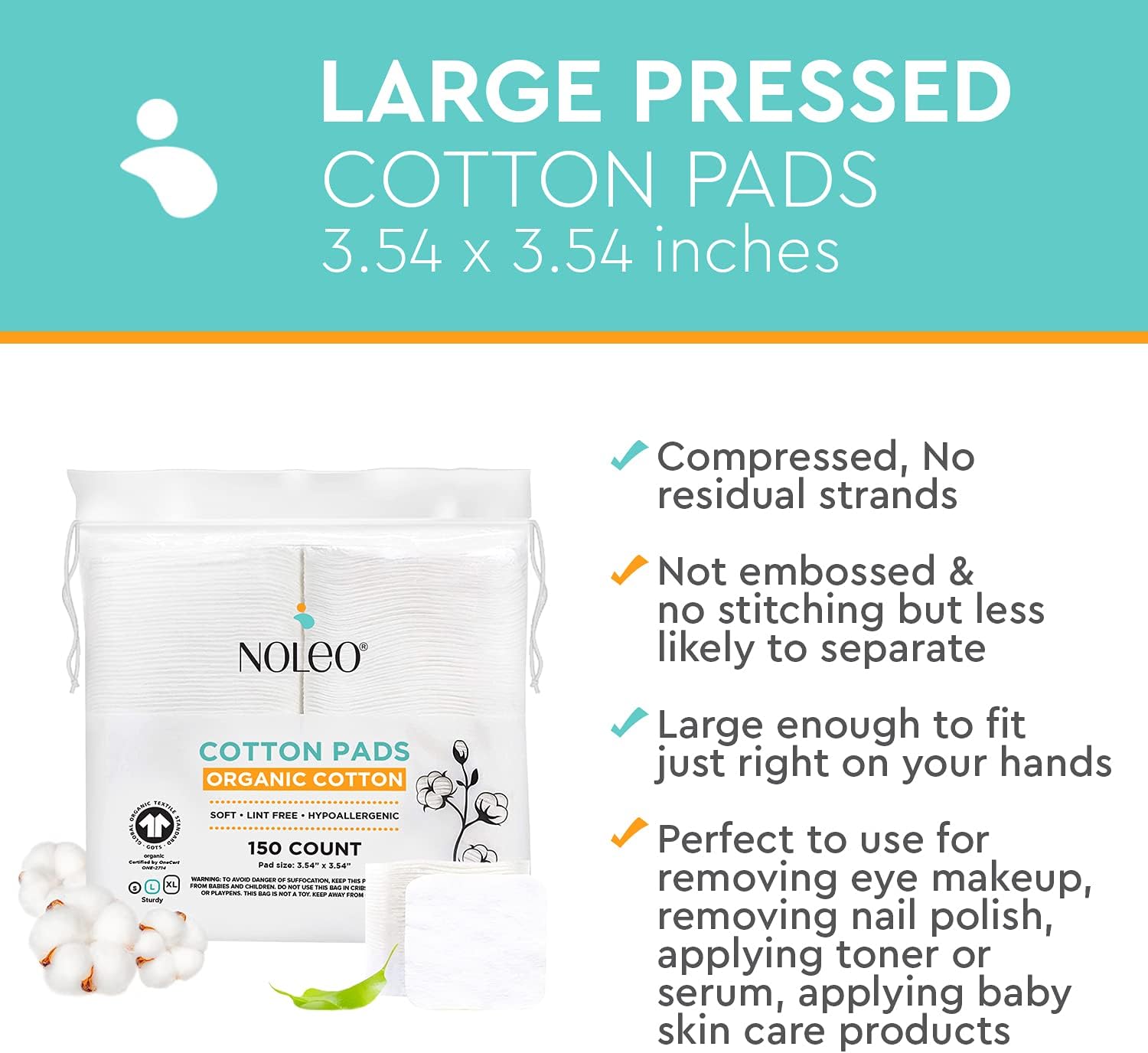 NOLEO Organic Cotton Pads (Pack of 3) - Large - Pressed