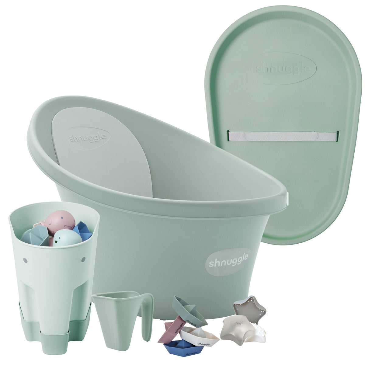 Shnuggle Bath & Change Bundle: Baby Bath & Changing Bundle + Accessories - Eucalyptus - 6-Piece Set for Cozy Bath & Diaper Time