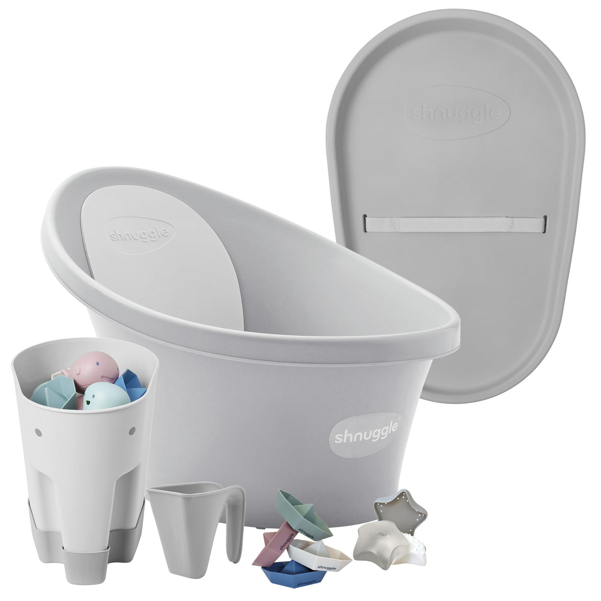 Shnuggle Bath & Change Bundle: Baby Bath & Changing Bundle + Accessories - Pebble Grey -  6-Piece Set for Cozy Bath & Diaper Time