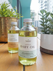 Gentle Baby Oil: Natural massage oil that relaxes your baby and gently nourishes skin. 4oz glass bottle