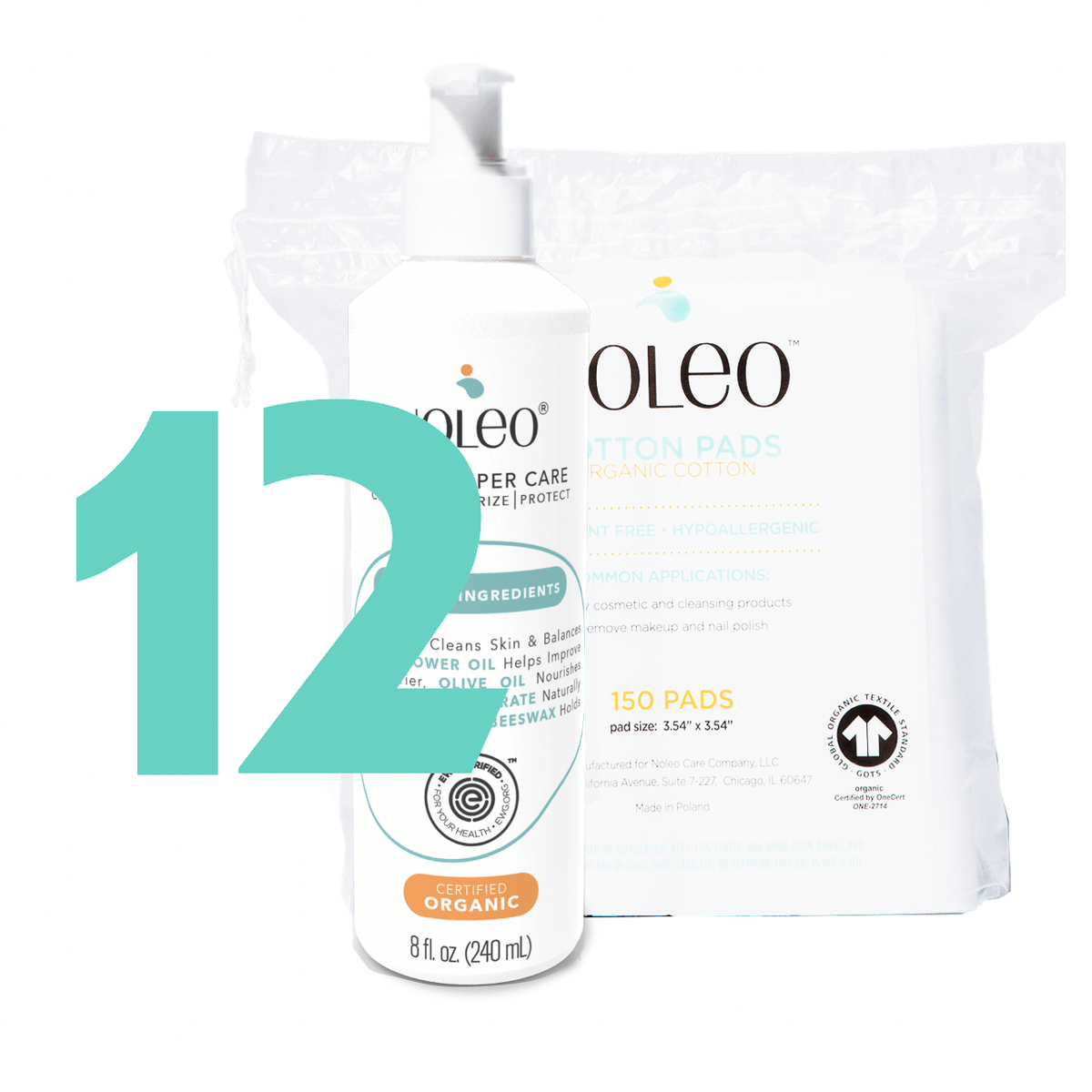 Value Pack NOLEO Diaper Cleanser & Moisturizer + Organic Cotton Pads NOLEO DUO (Pack of 12)